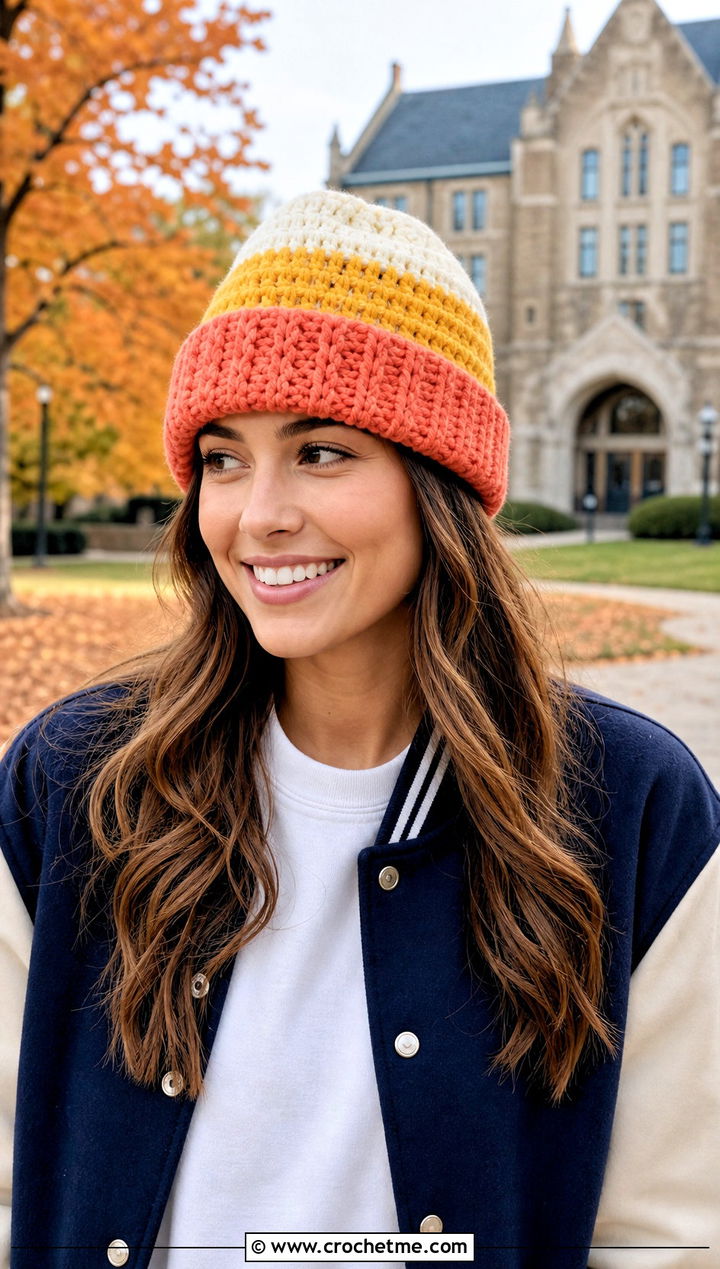 Candy Corn Cuffed Beanie With Varsity Jacket - 25 Halloween Crochet Beanies outfit ideas