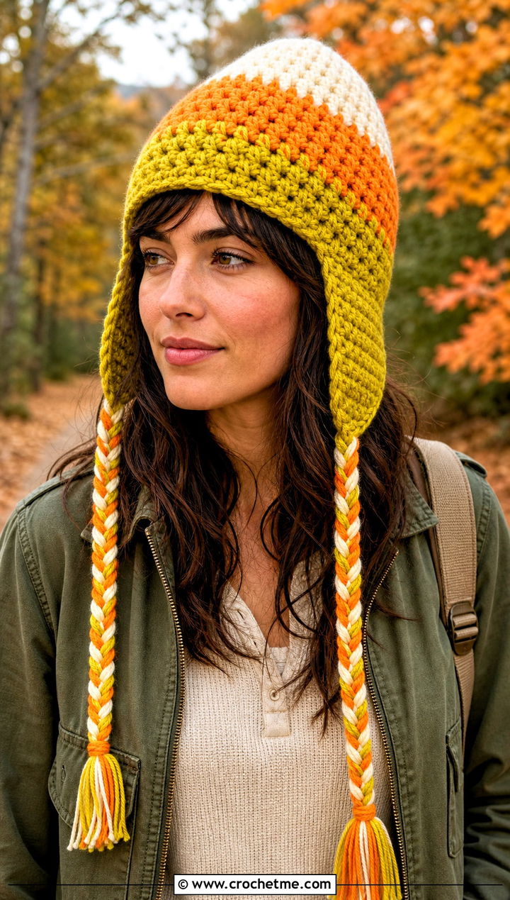 Candy Corn Earflap Crochet Hat With Utility Jacket - 30 candy corn crochet hat outfit ideas