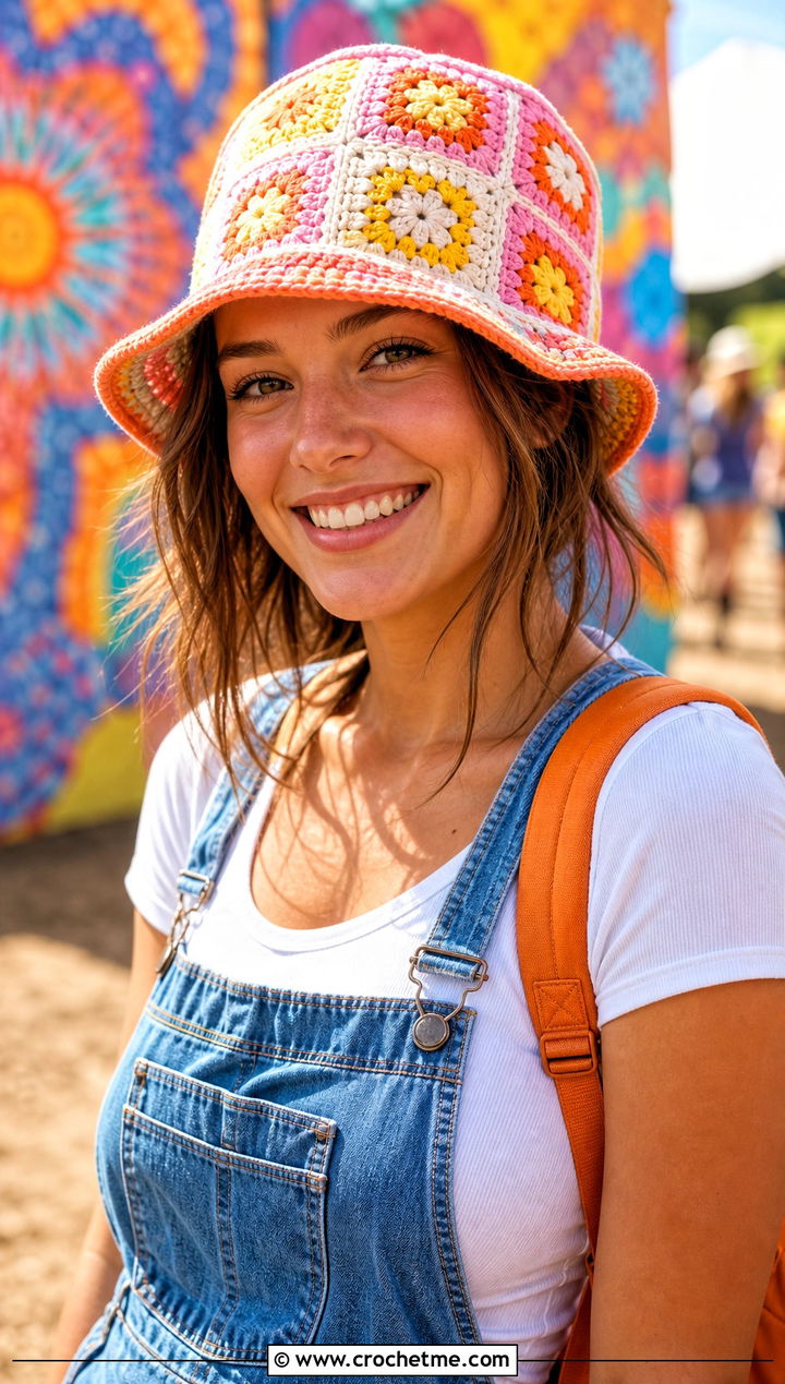 Candy Corn Granny Square Crochet Bucket Hat With Overalls - 30 candy corn crochet hat outfit ideas