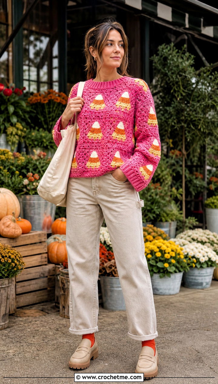 Candy Corn Granny Square Halloween Sweater With Carpenter Jeans - 15 Crochet Granny Square Halloween Sweater outfit ideas