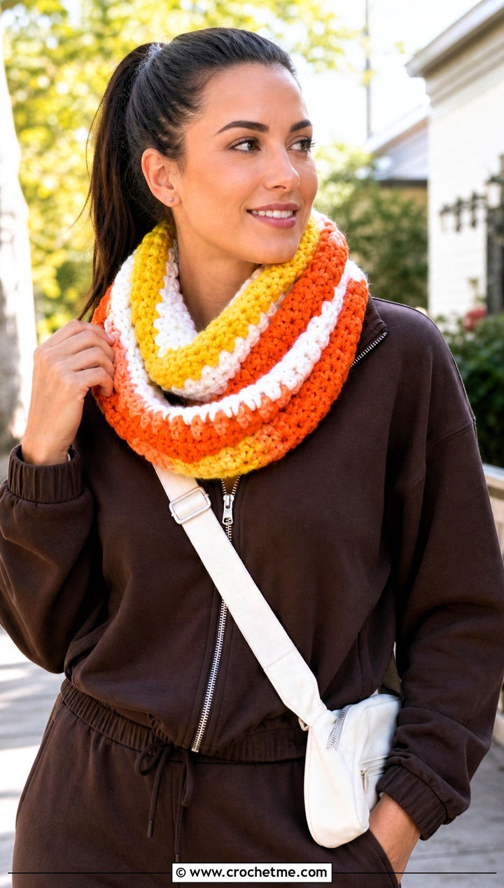 Candy Corn Infinity Halloween Scarf With Tracksuit - 20 crochet halloween scarf outfit ideas