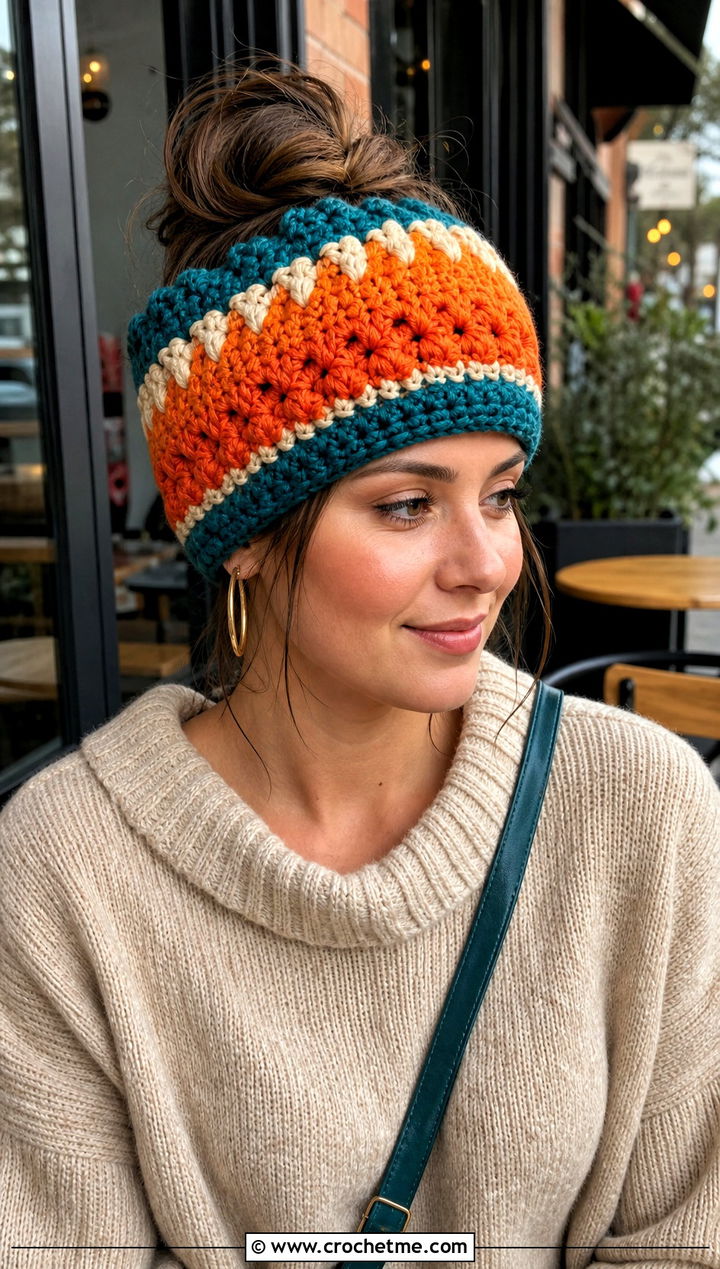 Candy Corn Messy Bun Crochet Beanie With Sweater Dress - 30 candy corn crochet hat outfit ideas