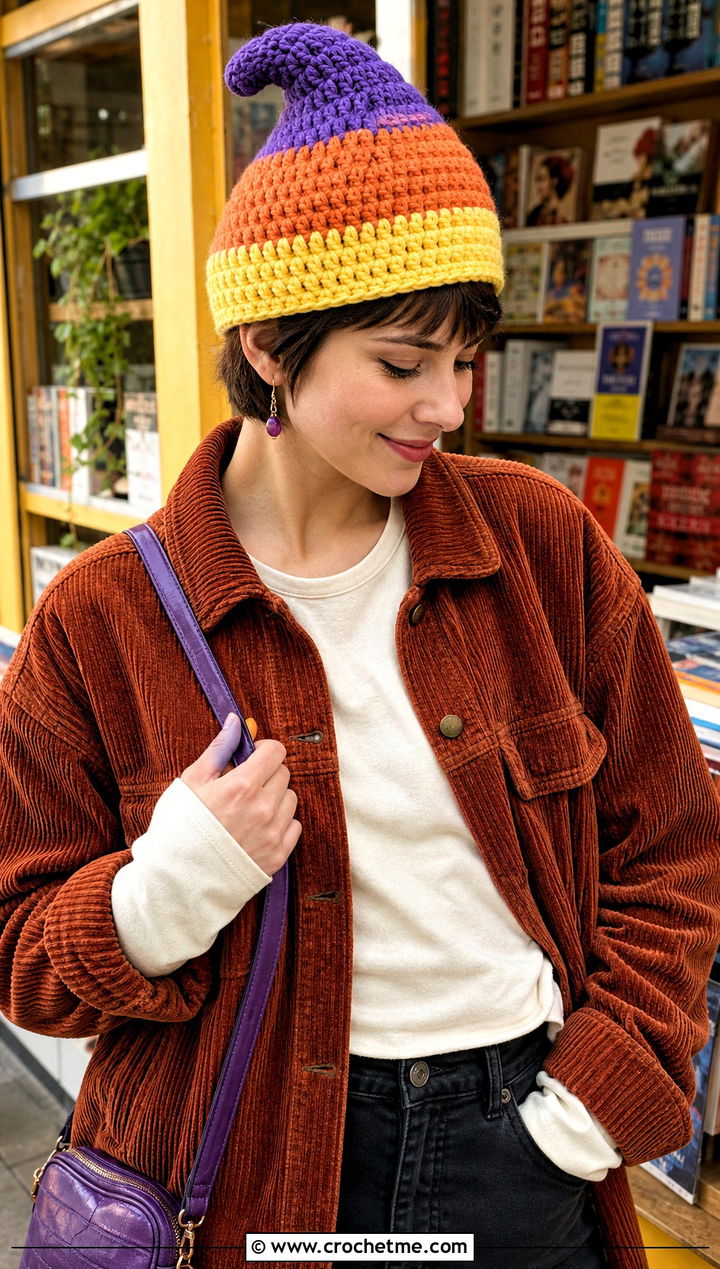 Candy Corn Pixie Crochet Hat With Corduroy Jacket - 30 candy corn crochet hat outfit ideas