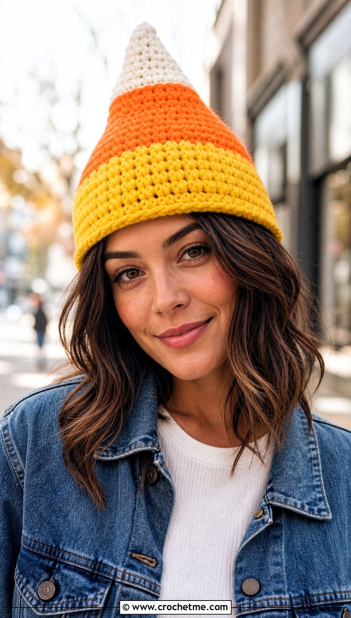 Candy Corn Pointed Crochet Beanie With Denim Jacket - 30 candy corn crochet hat outfit ideas