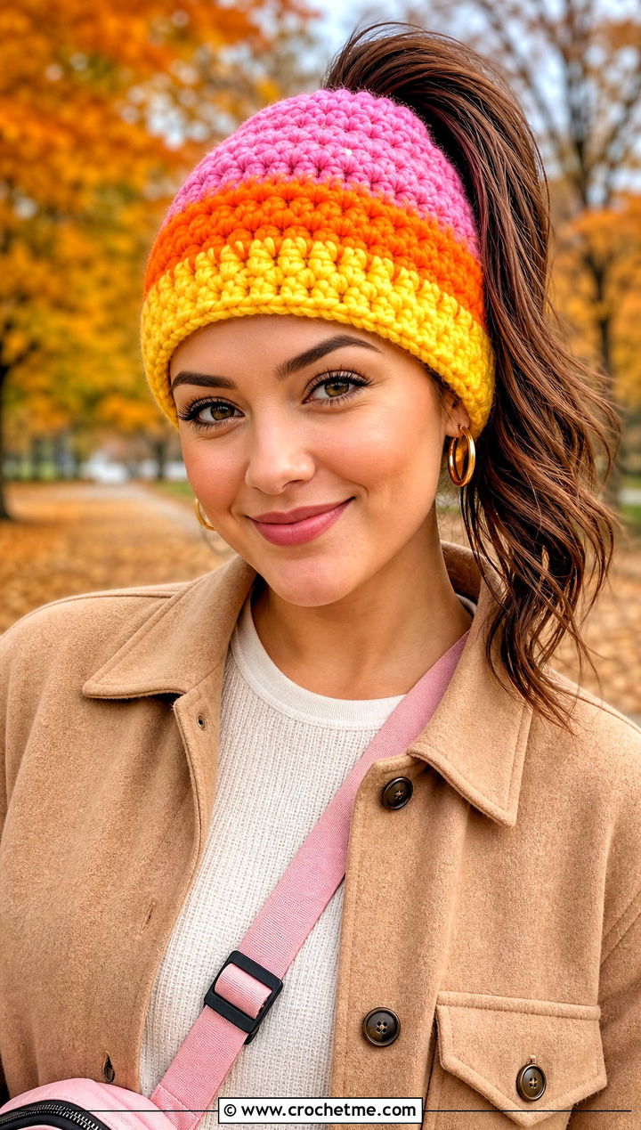 Candy Corn Ponytail Crochet Beanie With Shacket - 30 candy corn crochet hat outfit ideas