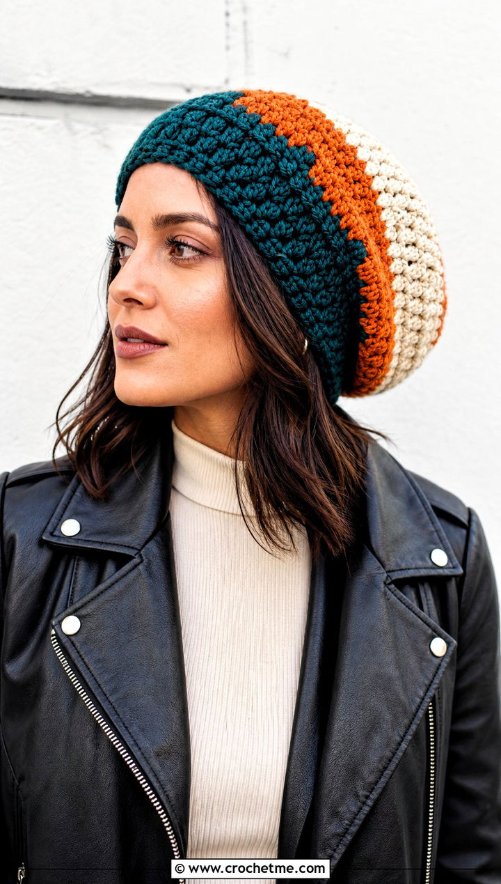 Candy Corn Slouchy Crochet Beanie With Leather Jacket - 30 candy corn crochet hat outfit ideas