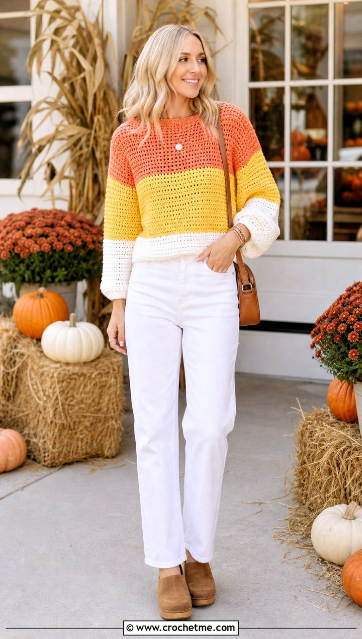 Candy Corn Stripe Crochet Halloween Sweater With White Jeans - 35 Crochet Halloween Sweater outfit ideas
