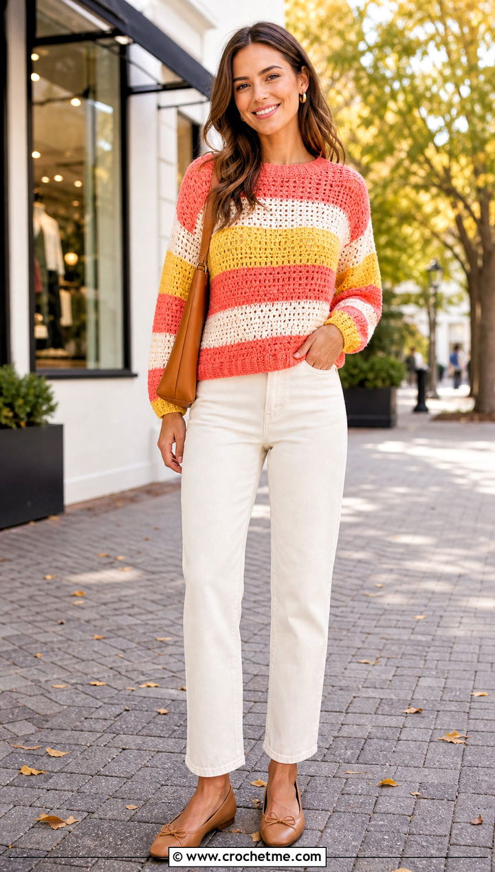 Candy Corn Stripe Crochet Sweater With White Jeans - 15 Spooky Crochet Sweater outfit ideas