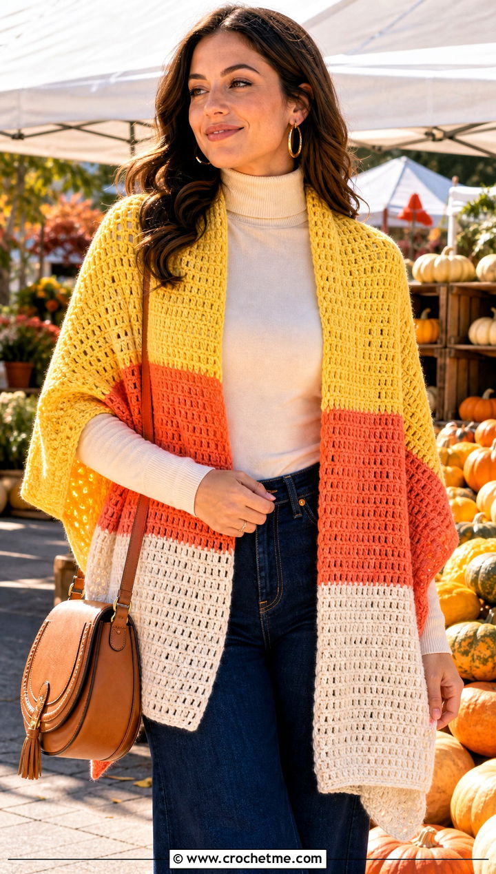 Candy Corn Striped Crochet Halloween Shawl With Flare Jeans - 20 Crochet Halloween Shawl outfit ideas