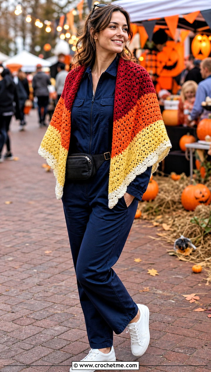 Candy Corn Striped Shawl With Utility Jumpsuit and Sneakers - 25 halloween crochet shawl outfit ideas