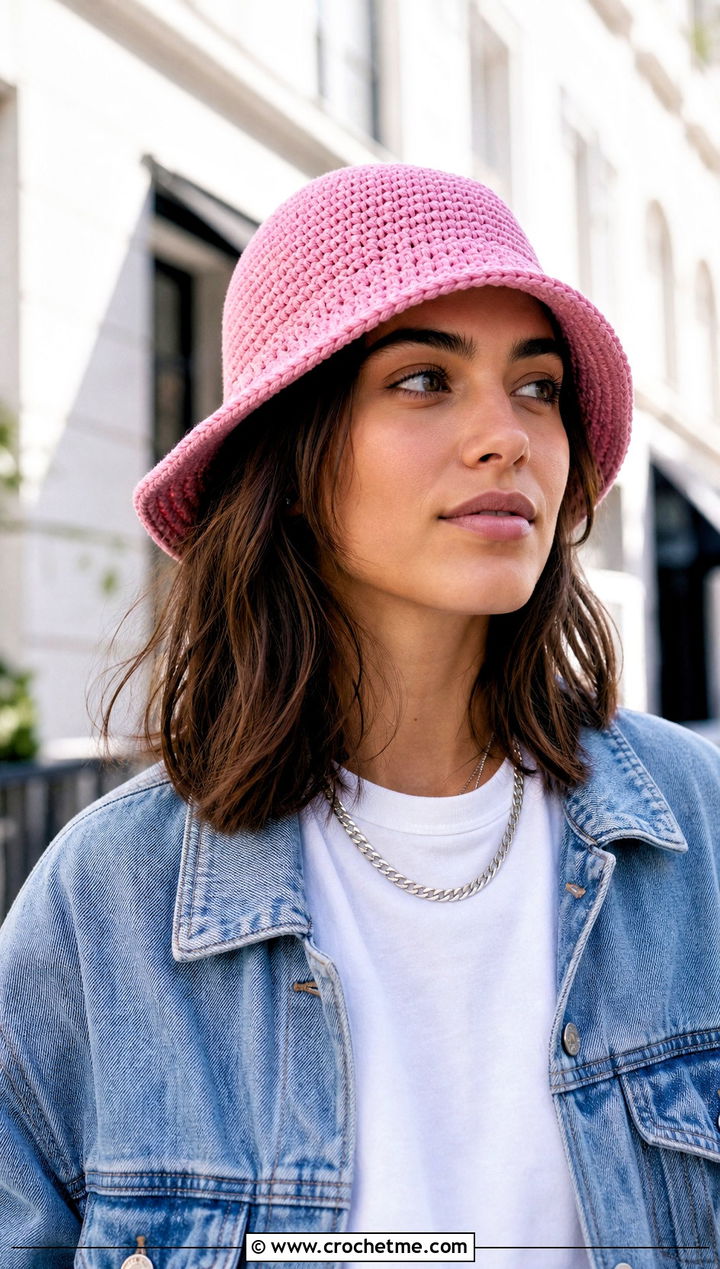 Candy Pink Classic Crochet Bucket Hat With White Tee And Jeans - 15 pink crochet bucket hat outfit ideas
