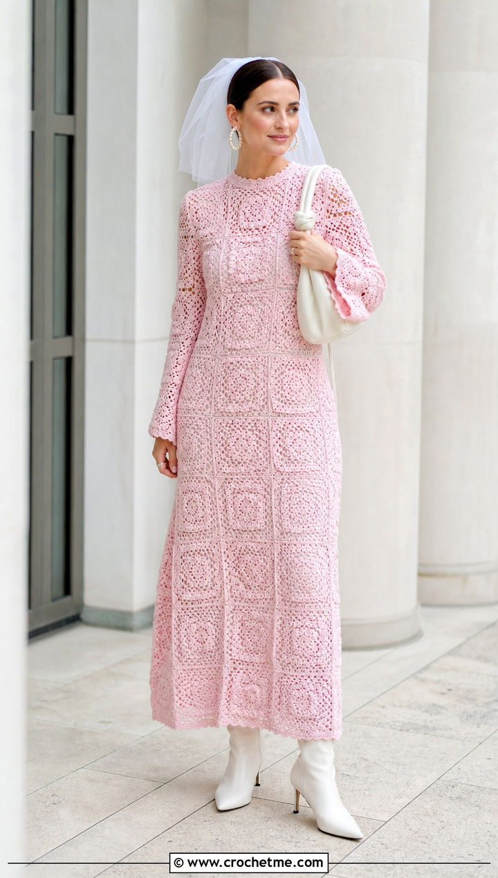 Candy Pink Granny Square Long Sleeve Crochet Wedding Dress With White Boots - 15 long sleeve crochet wedding dress outfit ideas