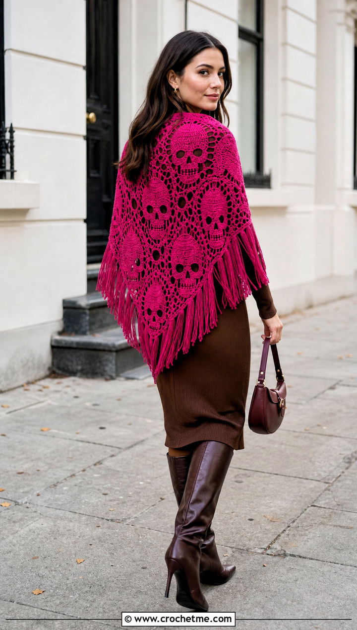 Candy Pink Lost Souls Shawl With Chocolate Brown Dress - 35 crochet lost souls shawl outfit ideas