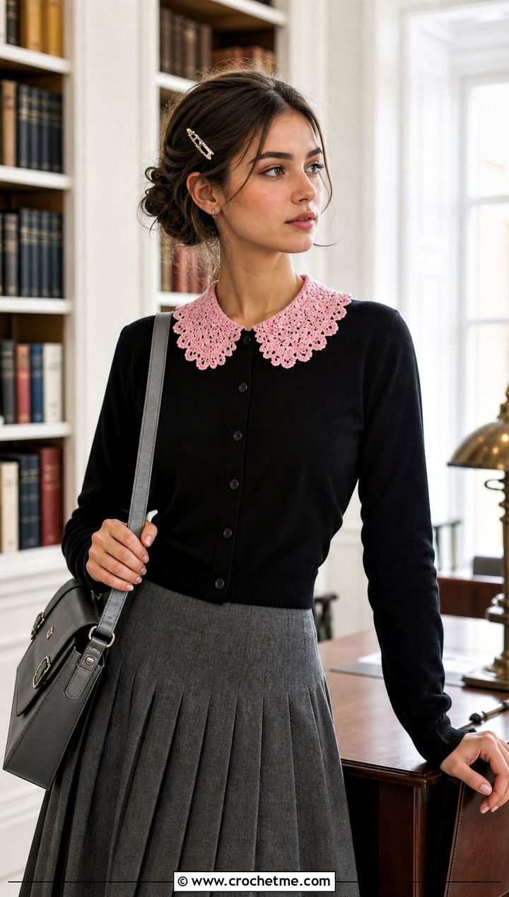 Candy Pink Picot Edge Crochet Collar With Preppy Skirt - 15 wednesday addams crochet collar outfit ideas
