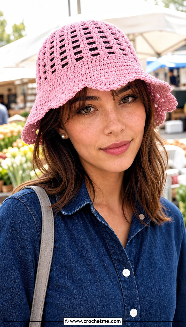 Candy Pink Scalloped Brim Mesh Bucket Hat With Denim Dress - 30 crochet mesh bucket hat outfit ideas