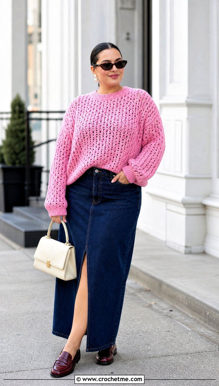 Candy Pink Sunset Crochet Sweater With Dark Denim Maxi Skirt - 20 Sunset Crochet Sweater outfit ideas