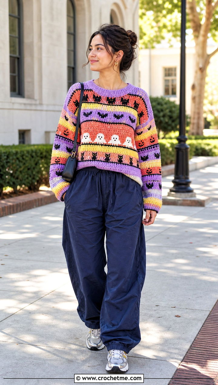 Candy Stripe Crochet Halloween Sweater With Parachute Pants - 35 Crochet Halloween Sweater outfit ideas
