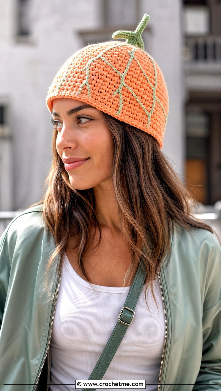 Cantaloupe Crochet Beanie With Bomber Jacket - 30 crochet fruit beanie outfit ideas