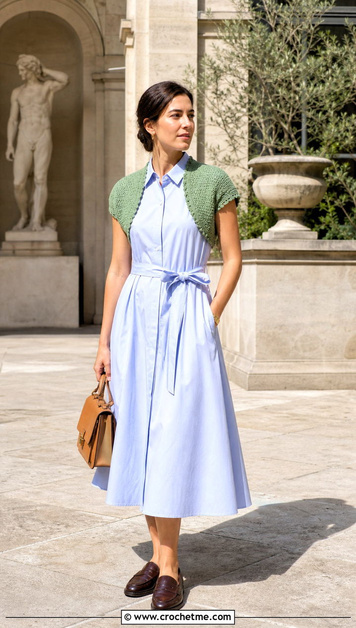 Cap Sleeve Crochet Arm Shrug With Shirt Dress - 25 Crochet Arm Shrug outfit ideas