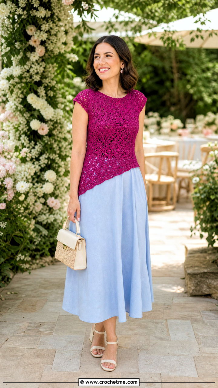 Cap Sleeve Crochet Asymmetrical Top With A Line Midi Skirt - 35 crochet asymmetrical top outfit ideas