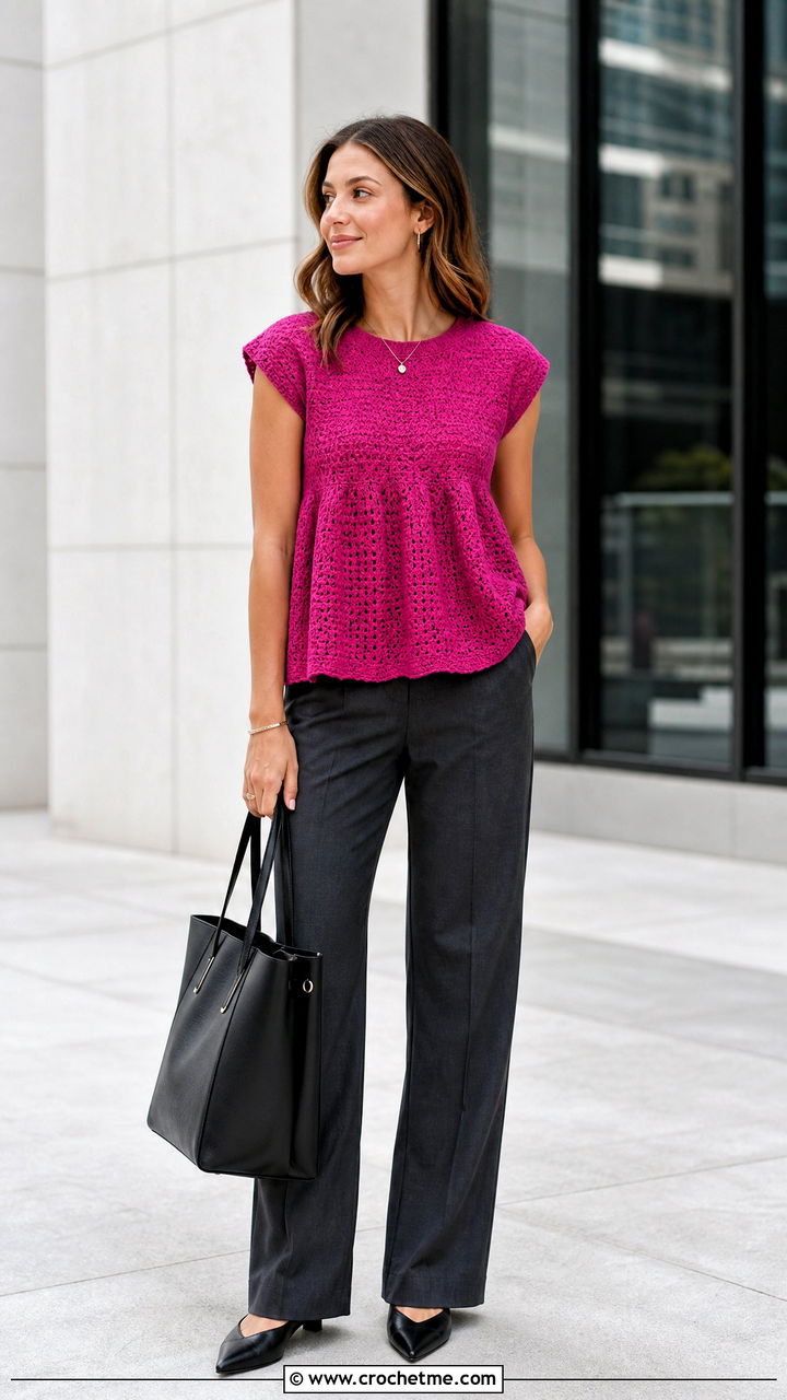 Cap Sleeve Crochet Babydoll Top With Suit Trousers - 35 crochet babydoll top outfit ideas