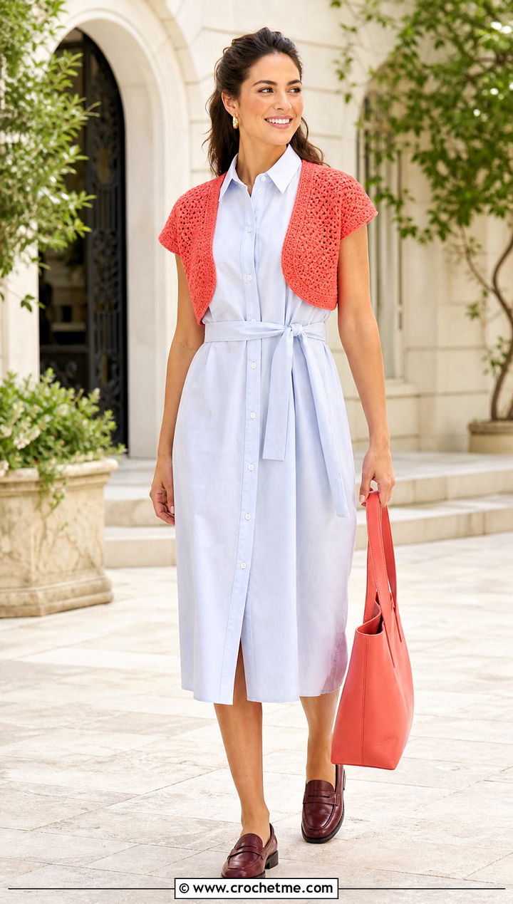 Cap Sleeve Crochet Bolero With Shirt Dress - 25 Crochet Mini Sweater outfit ideas