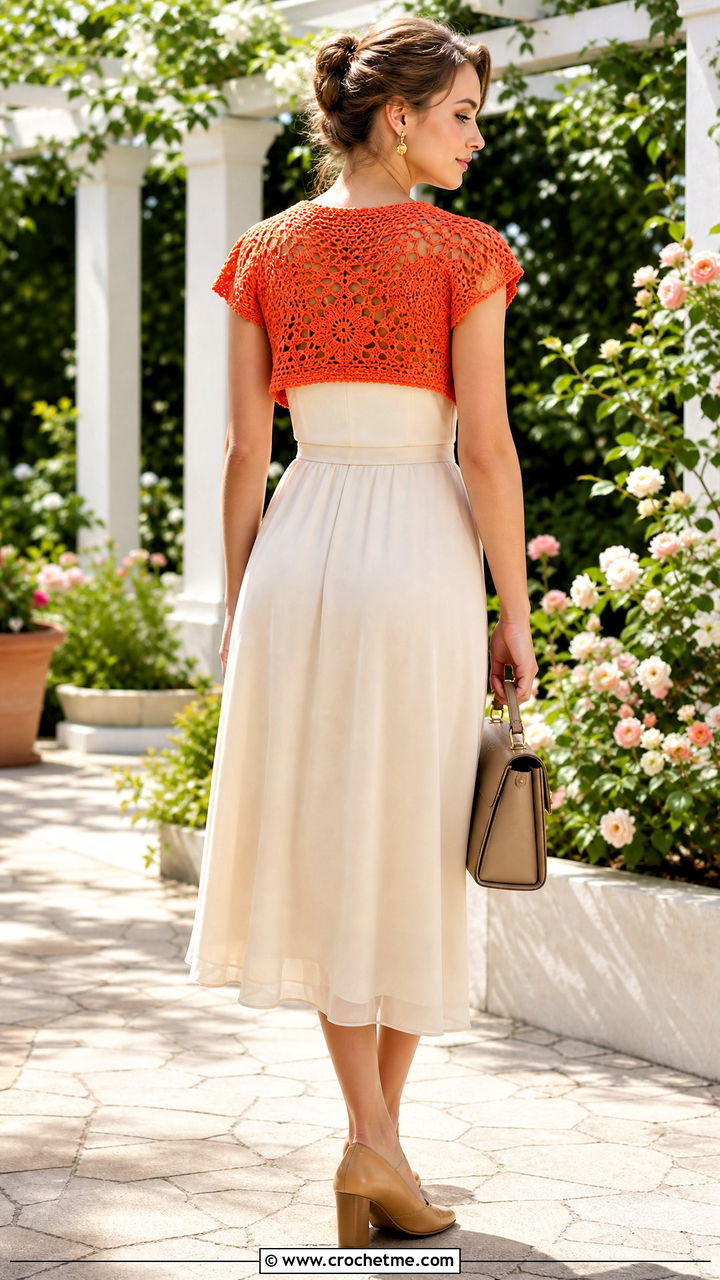 Cap Sleeve Crochet Bolero With Tea Length Dress - 35 crochet bolero outfit ideas