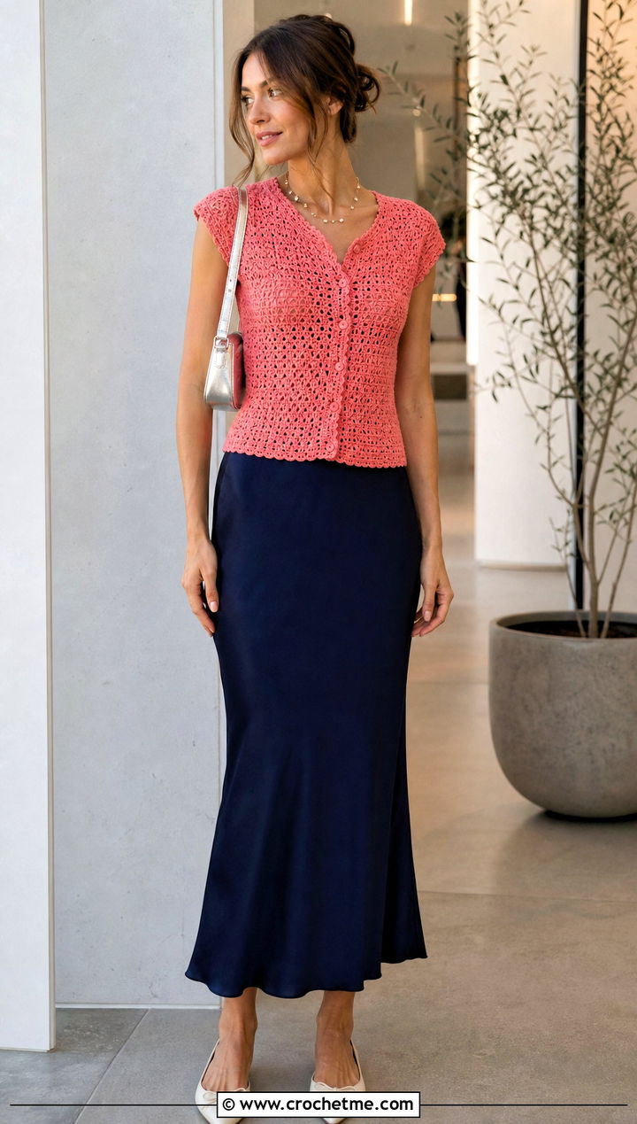 Cap Sleeve Crochet Button Top With Slip Skirt - 35 Crochet Top With Buttons outfit ideas