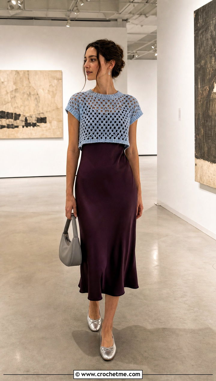 Cap Sleeve Crochet Crop Top With Slip Dress - 20 Crochet Crop Top Inspiration outfit ideas