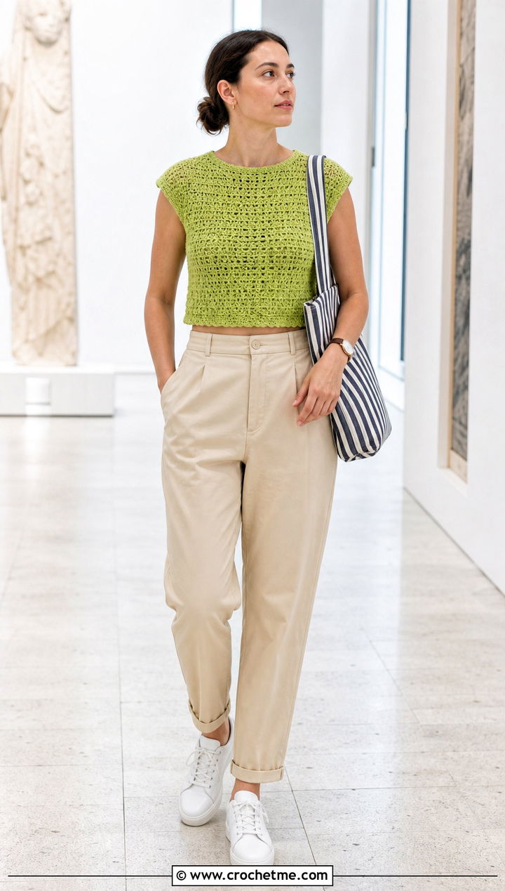 Cap Sleeve Crochet Half Top With Chino Pants - 35 crochet half top outfit ideas