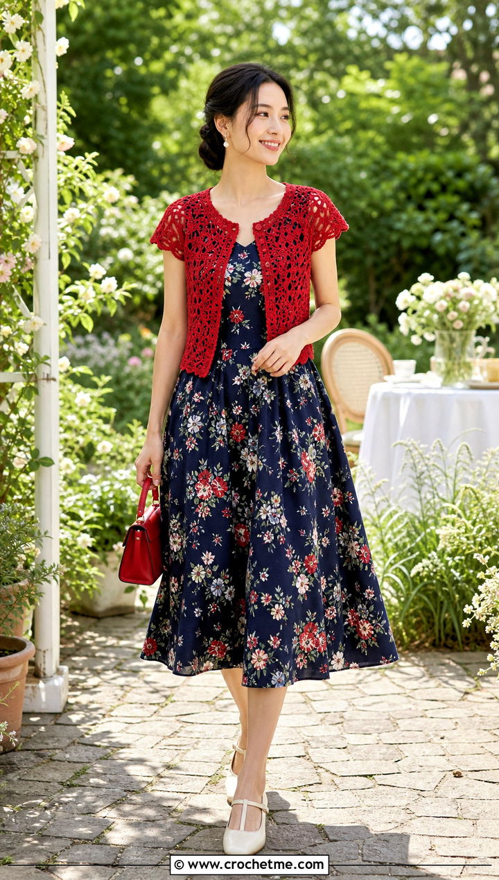 Cap Sleeve Crochet Jacket With Tea Dress - 20 Lacy Crochet Jacket outfit ideas