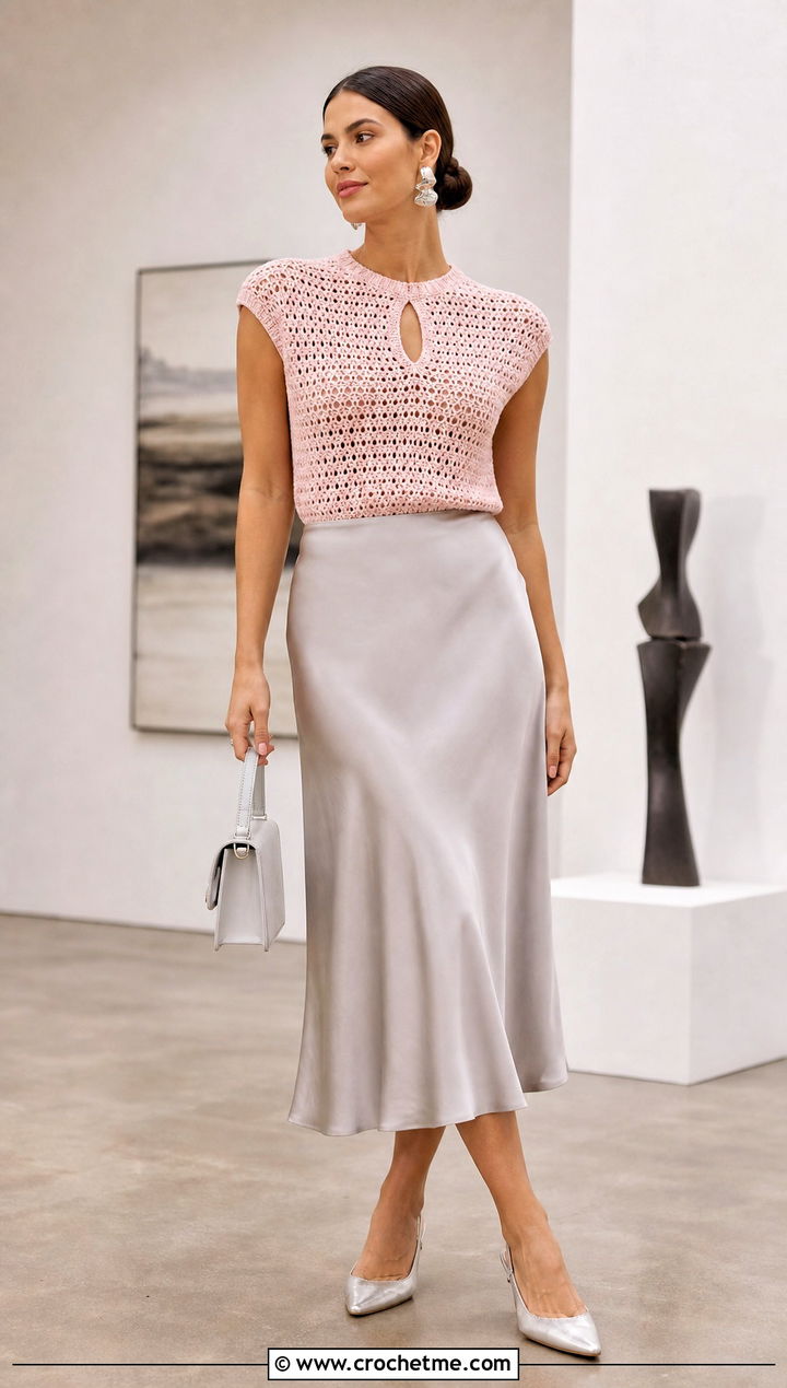 Cap Sleeve Crochet Keyhole Top With Satin Midi Skirt - 30 crochet keyhole top outfit ideas