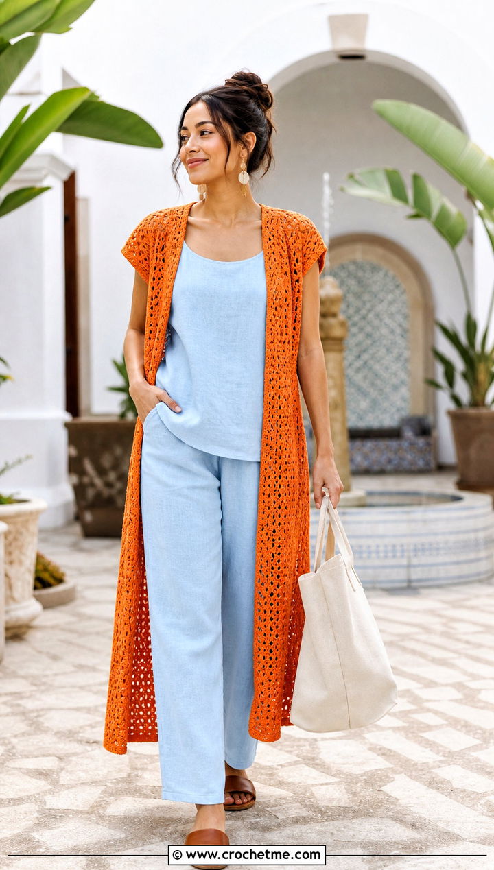 Cap Sleeve Crochet Kimono With Matching Linen Set - 15 crochet kimono cover up outfit ideas