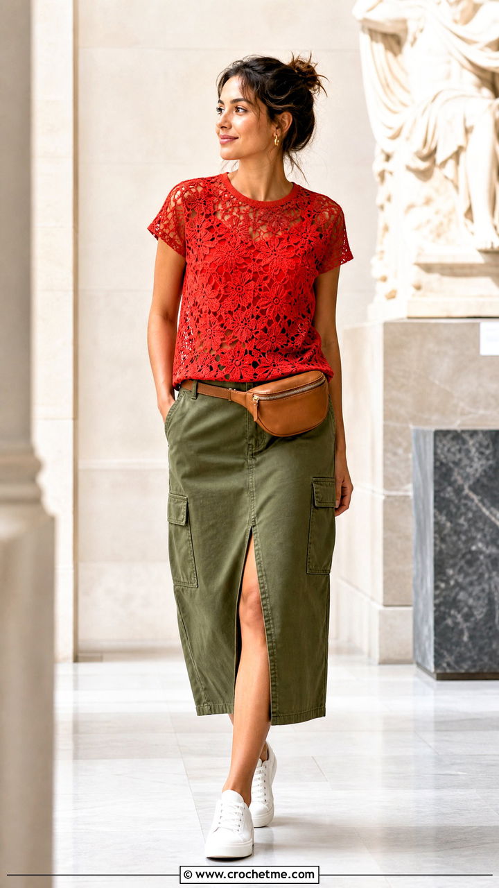Cap Sleeve Crochet Lace Top With Utility Skirt - 35 crochet lace top outfit ideas