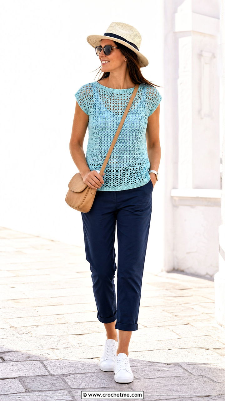 Cap Sleeve Crochet Mesh Top With Chino Pants - 35 crochet mesh top outfit ideas