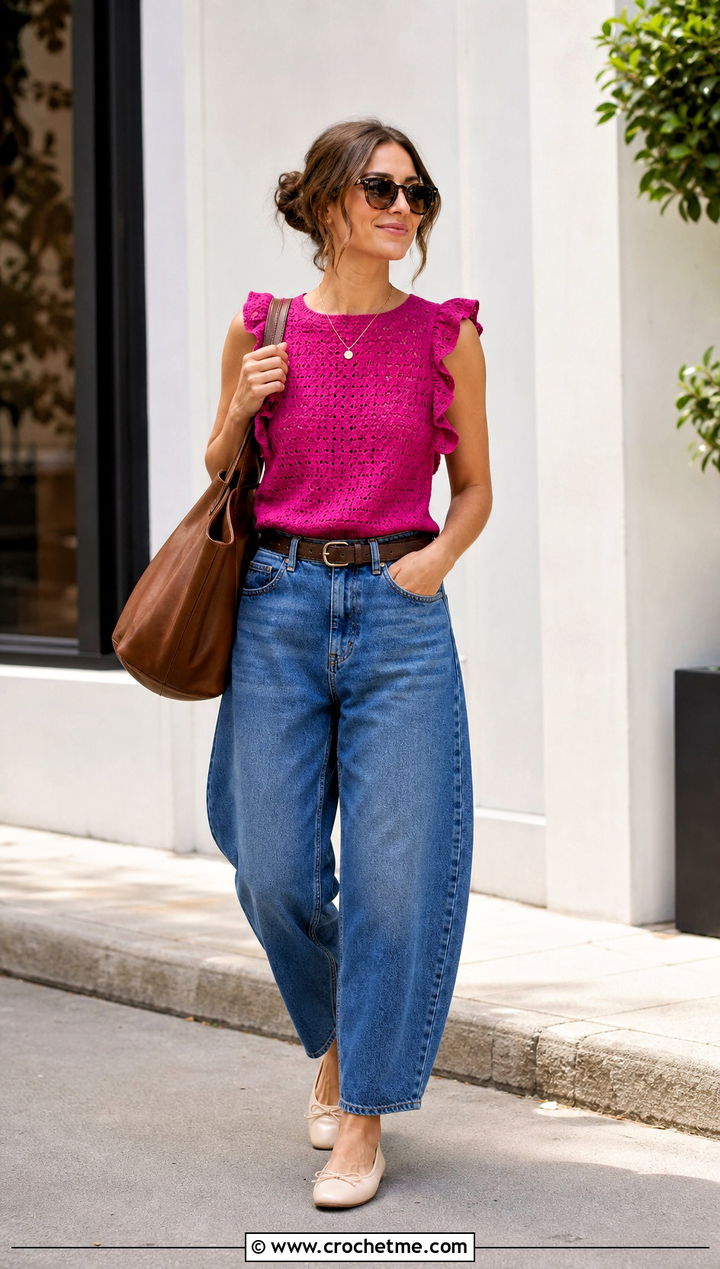 Cap Sleeve Crochet Ruffle Edging Top With Barrel Jeans - 15 Crochet Ruffle Edging Top outfit ideas