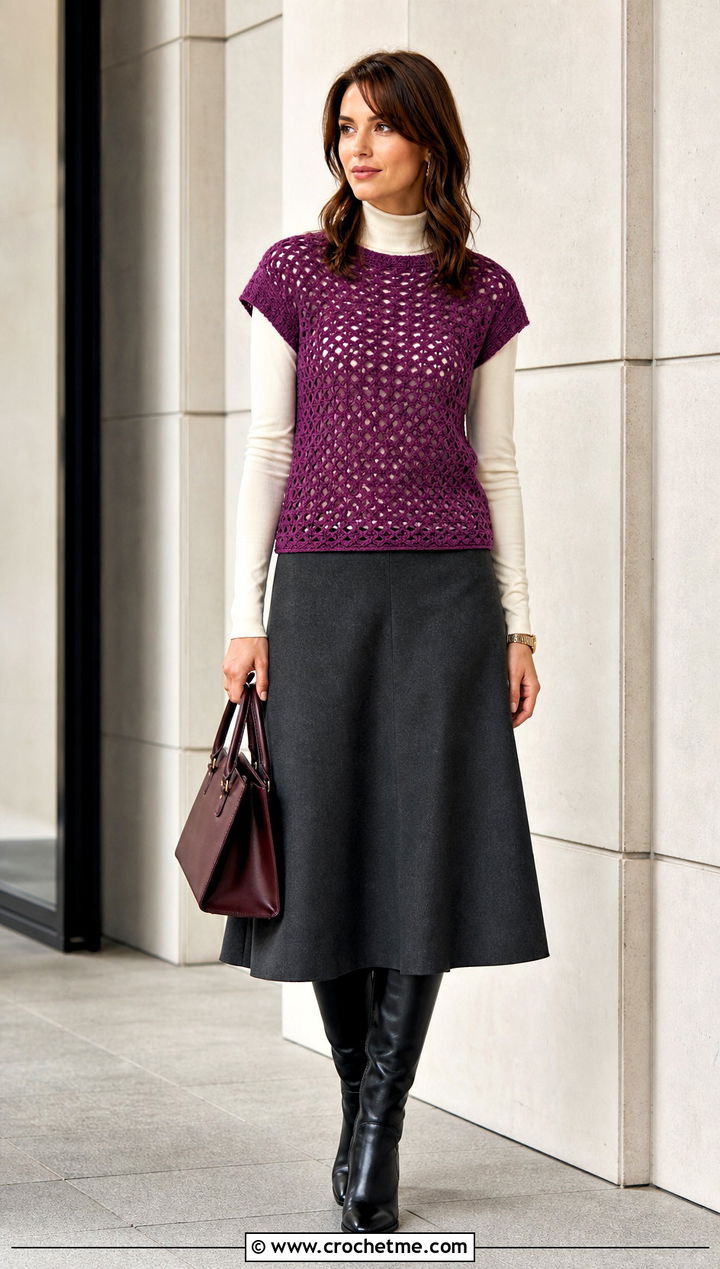 Cap Sleeve Crochet Shell Top With Turtleneck And Midi Skirt - 35 crochet layering top outfit ideas