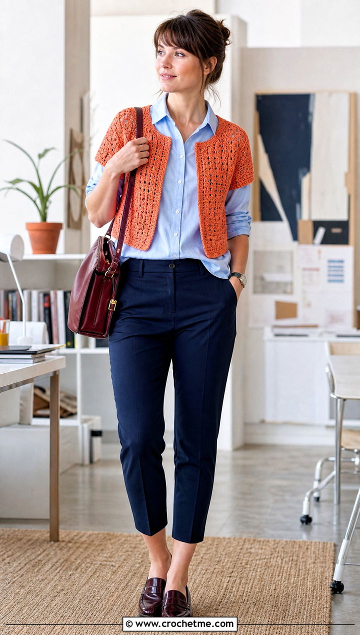 Cap Sleeve Crochet Shrug With Button Down Shirt - 30 crochet short sleeve shrug outfit ideas