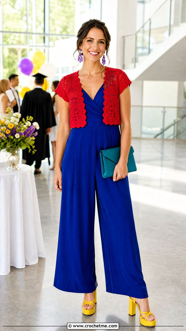 Cap Sleeve Crochet Shrug With Wide Leg Jumpsuit - 35 crochet shrug outfit ideas