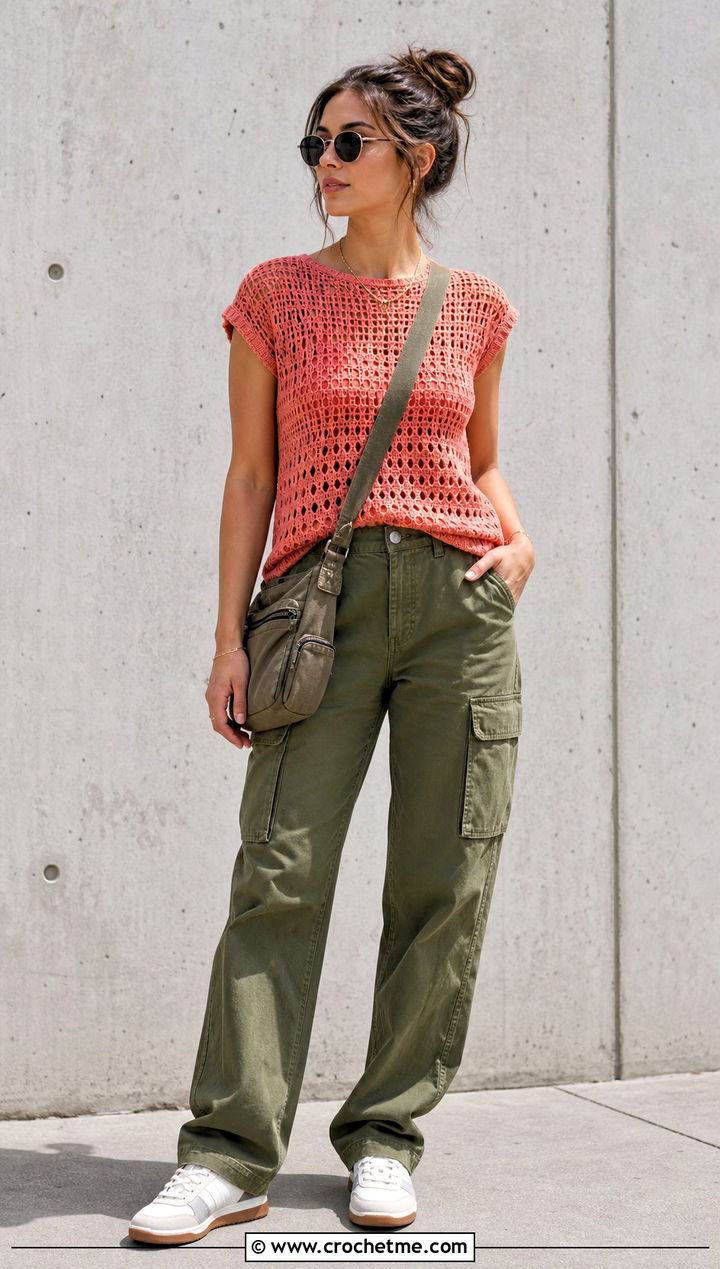 Cap Sleeve Crochet Tee With Cargo Pants - 35 crochet vintage top outfit ideas