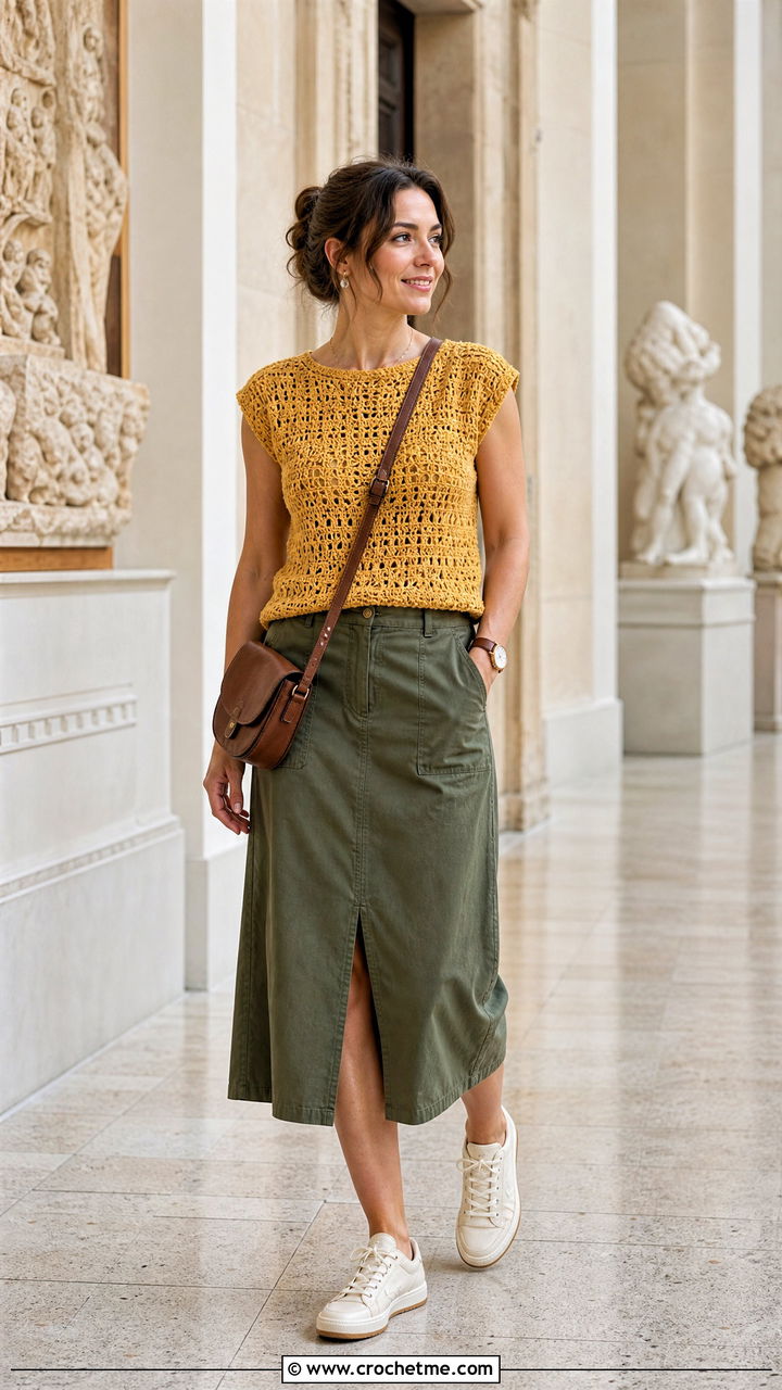 Cap Sleeve Crochet Tee With Utility Skirt - 35 simple crochet top outfit ideas