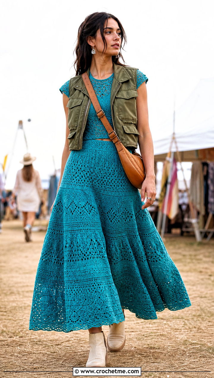 Cap Sleeve Crochet Top And Tiered Skirt Set - 25 festival crochet two piece outfit ideas