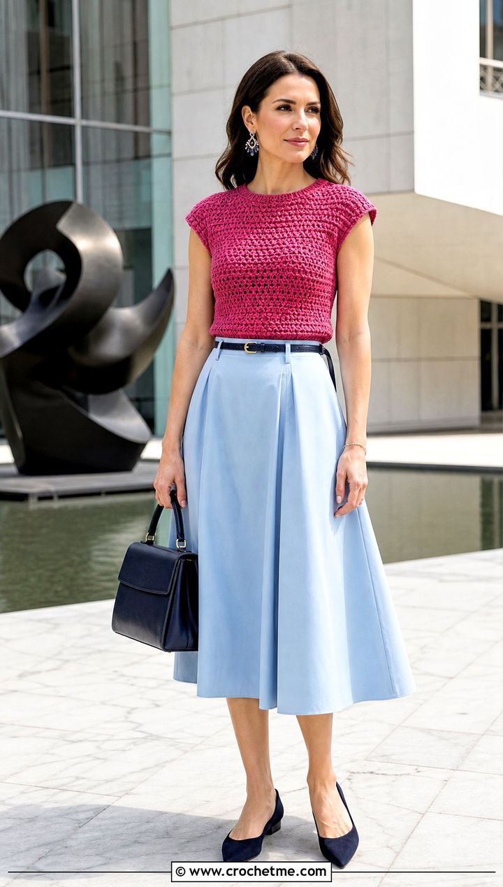 Cap Sleeve Crochet Top With A Line Midi Skirt - 35 spring crochet top outfit ideas
