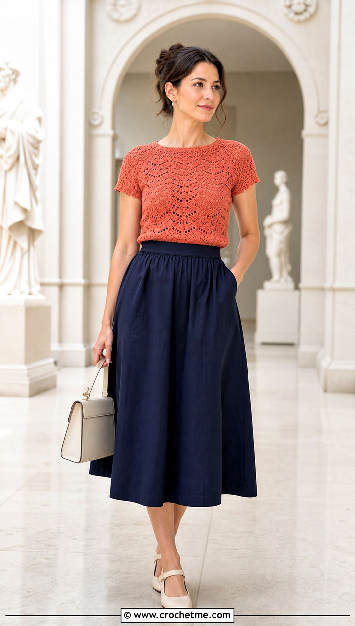 Cap Sleeve Crochet Top With A Line Midi Skirt - 25 vintage crochet top outfit ideas