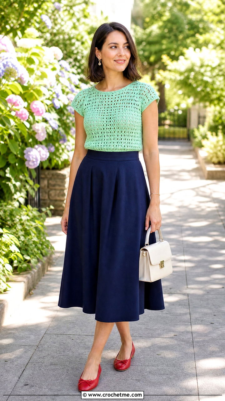 Cap Sleeve Crochet Top With A Line Skirt - 35 easy crochet tops outfit ideas