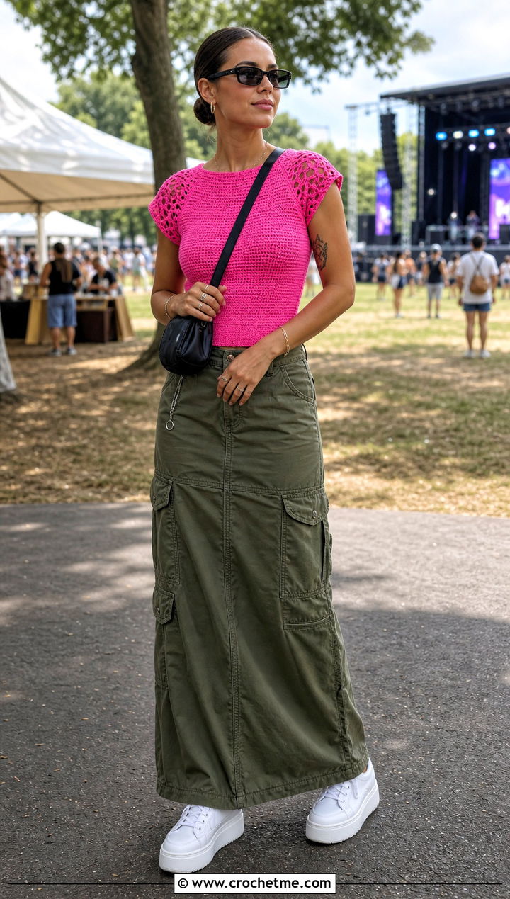 Cap Sleeve Crochet Top With Cargo Maxi Skirt - 20 Festival Crochet Top outfit ideas