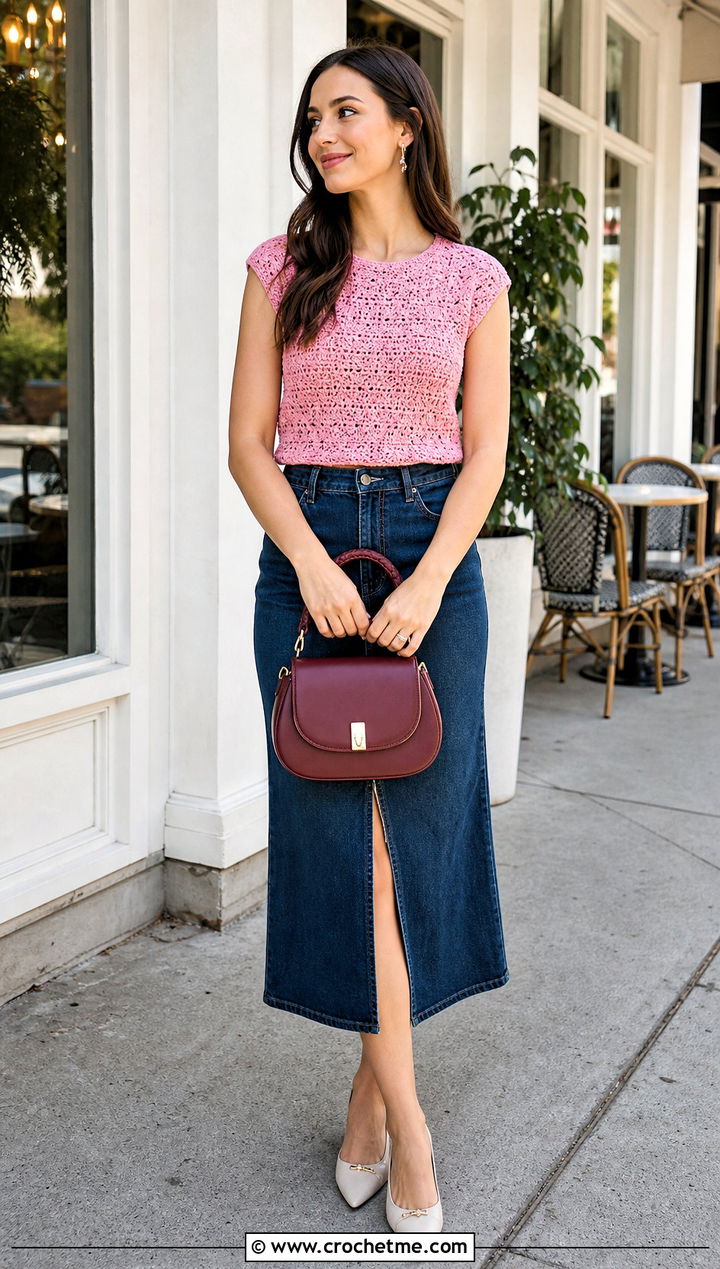 Cap Sleeve Crochet Top With Denim Midi Skirt - 35 Fitted Crochet Top outfit ideas