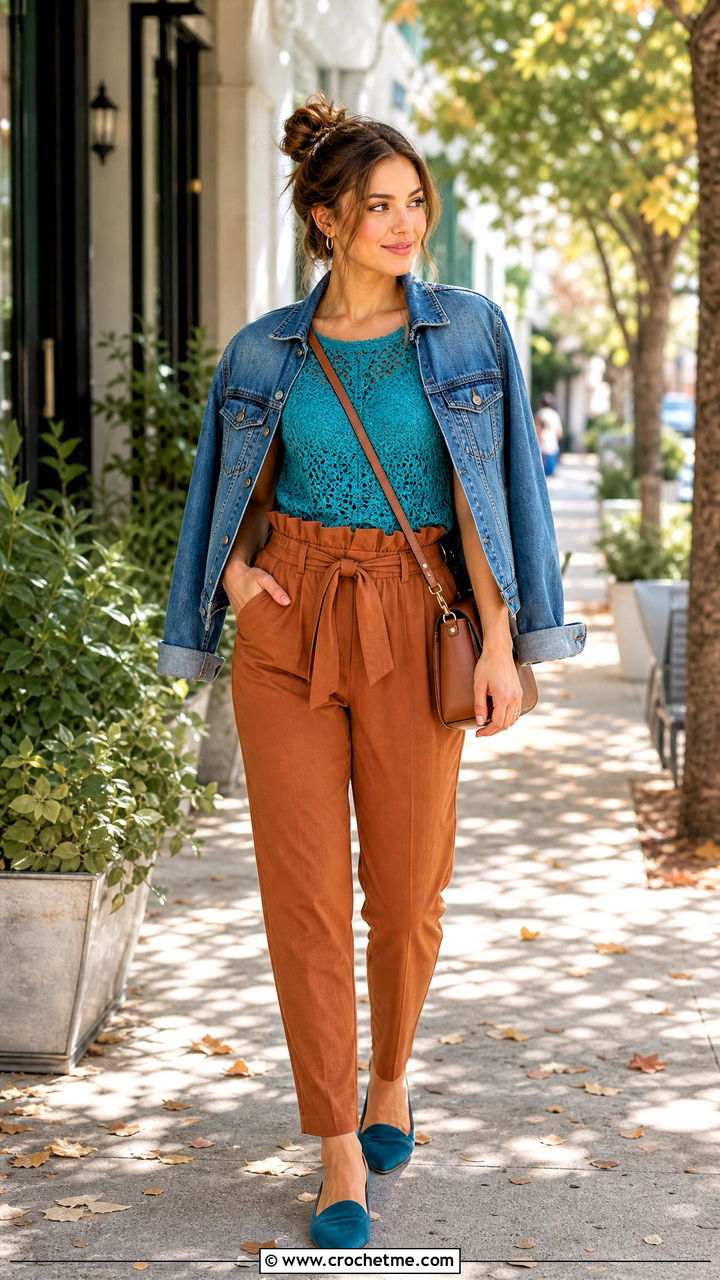 Cap Sleeve Crochet Top With Paperbag Pants - 35 crochet fall top outfit ideas