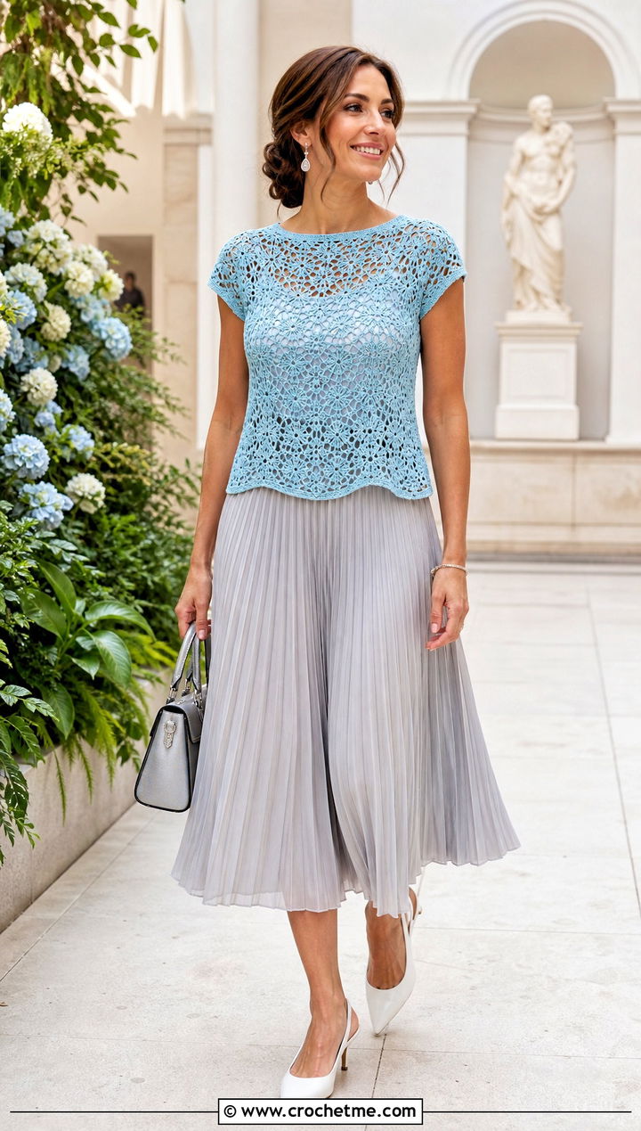 Cap Sleeve Crochet Top With Pleated Midi Skirt - 25 designer crochet top outfit ideas