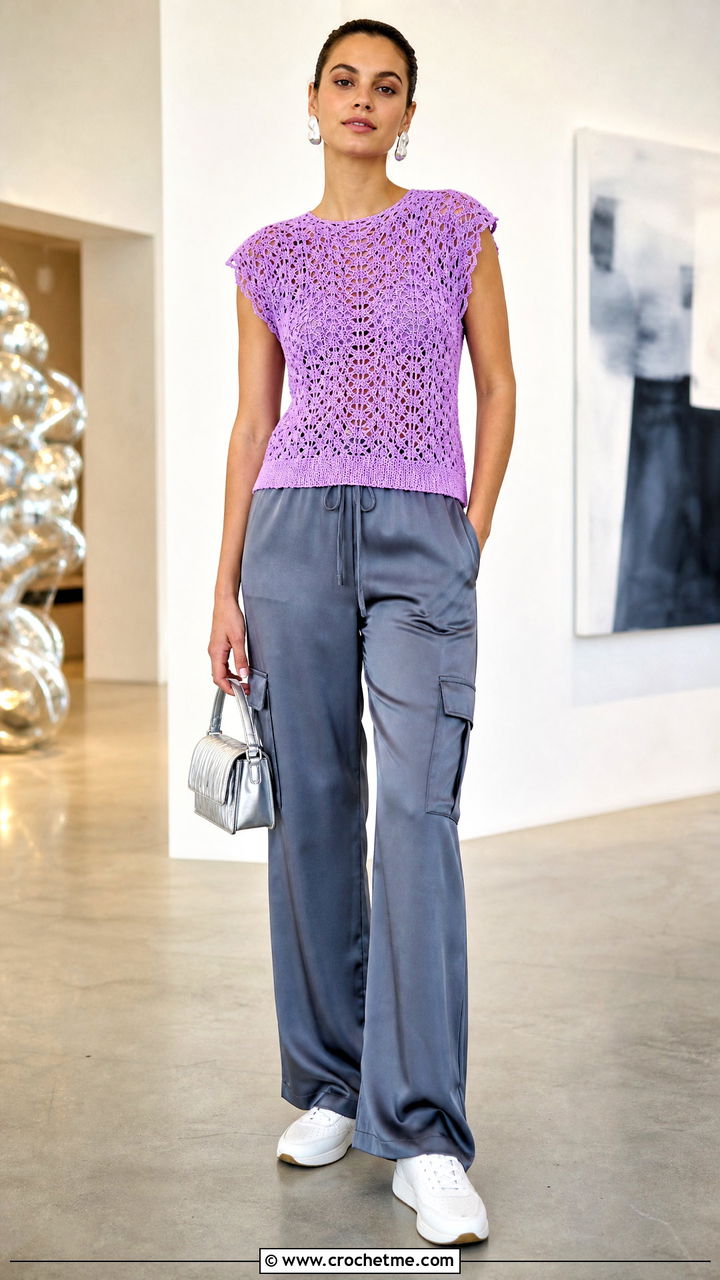 Cap Sleeve Crochet Top With Satin Cargo Pants - 35 boho crochet top outfit ideas